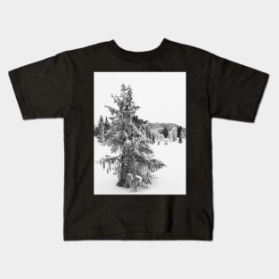 Black and White Shot of Snow-Covered Fir Tree in Frozen Winter Landscape Kids T-Shirt